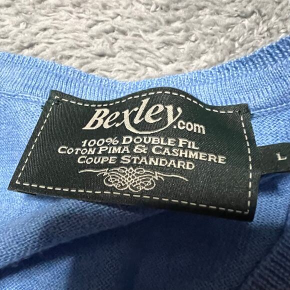 Bexley Sweater Mens Large Pima Cotton Cashmere Elbow Patch V Neck Blue - Picture 6 of 7